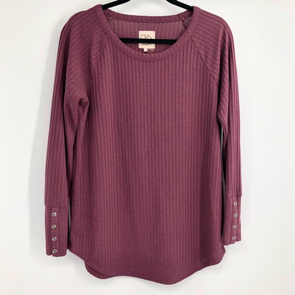 Chaser Purple Waffle Knit Thermal Long Sleeve Crewneck Shirt Size Large